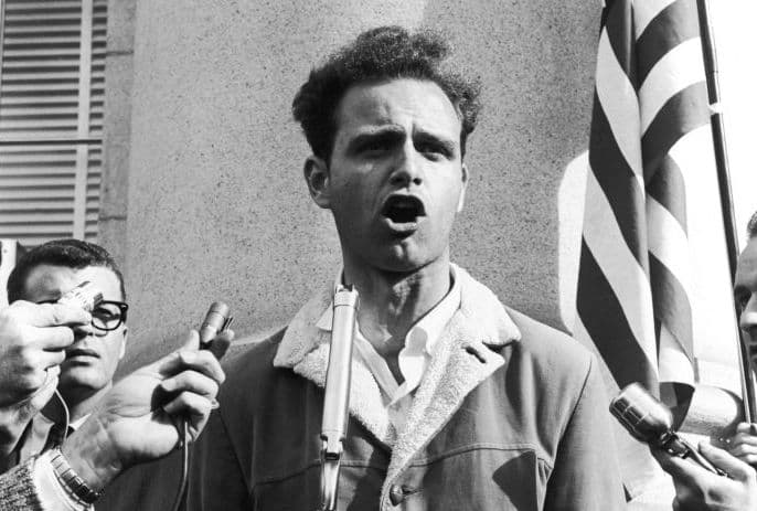 Mario Savio speaking to thousands of students before Sproul Hall occupation