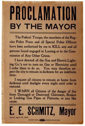 Proclamation by the Mayor, San Francisco, CA, April 18, 1906