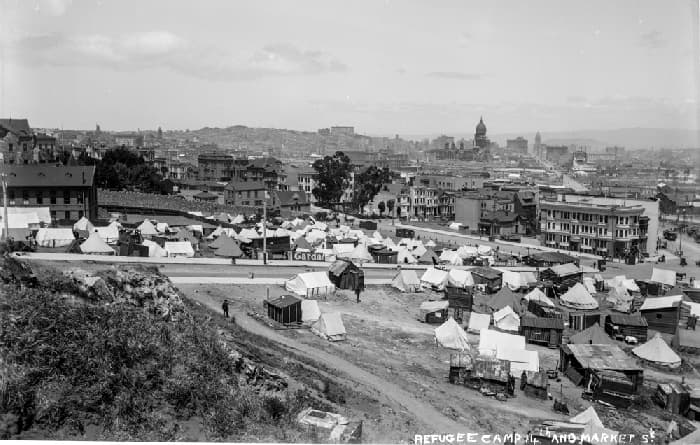 View east from Mint Hill at small refugee camp by Hermann, Laguna, Market intersection, 1906